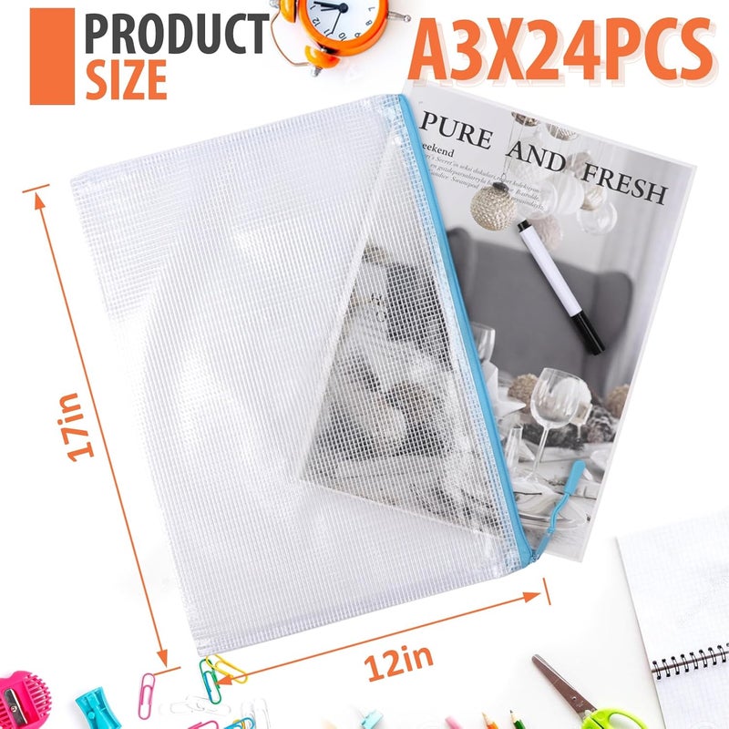 YOPCDJ 24pcs Mesh Zipper Pouch, PVC, Office Supplies Organizers, 17" x 12" A3, 8 Color, Foldable, Zipper Closure - Image 2